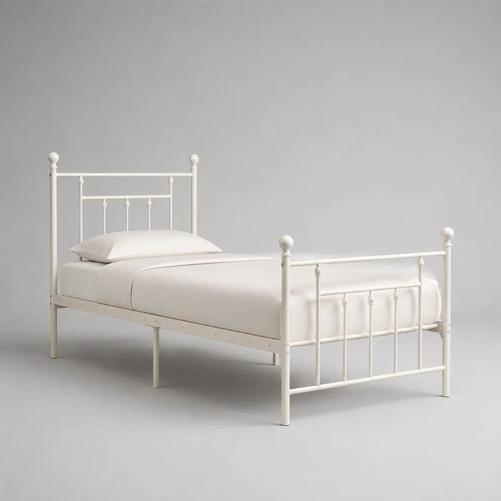 Lit simple en acier blanc avec tête et pied de lit, couchage 90 x 190 cm