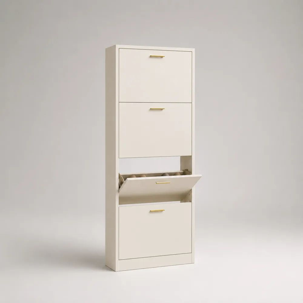 Meuble à chaussures rectangulaire à 4 abattants en panneaux de particules mélaminés, blanc cassé et doré, 60 × 24 × 160 cm