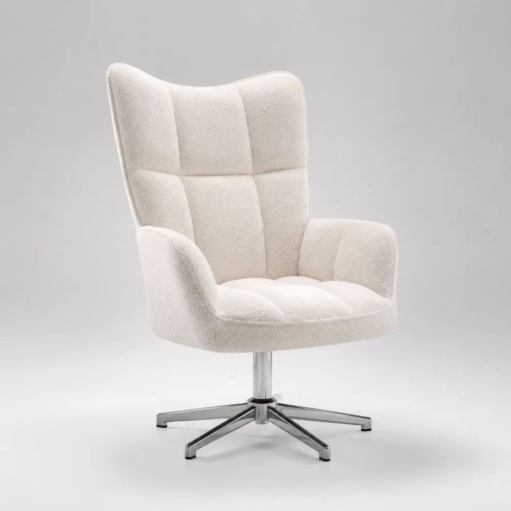 Fauteuil pivotant à dossier haut en tissu bouclé et métal, blanc cassé et argenté, 78 × 80 × 102 cm