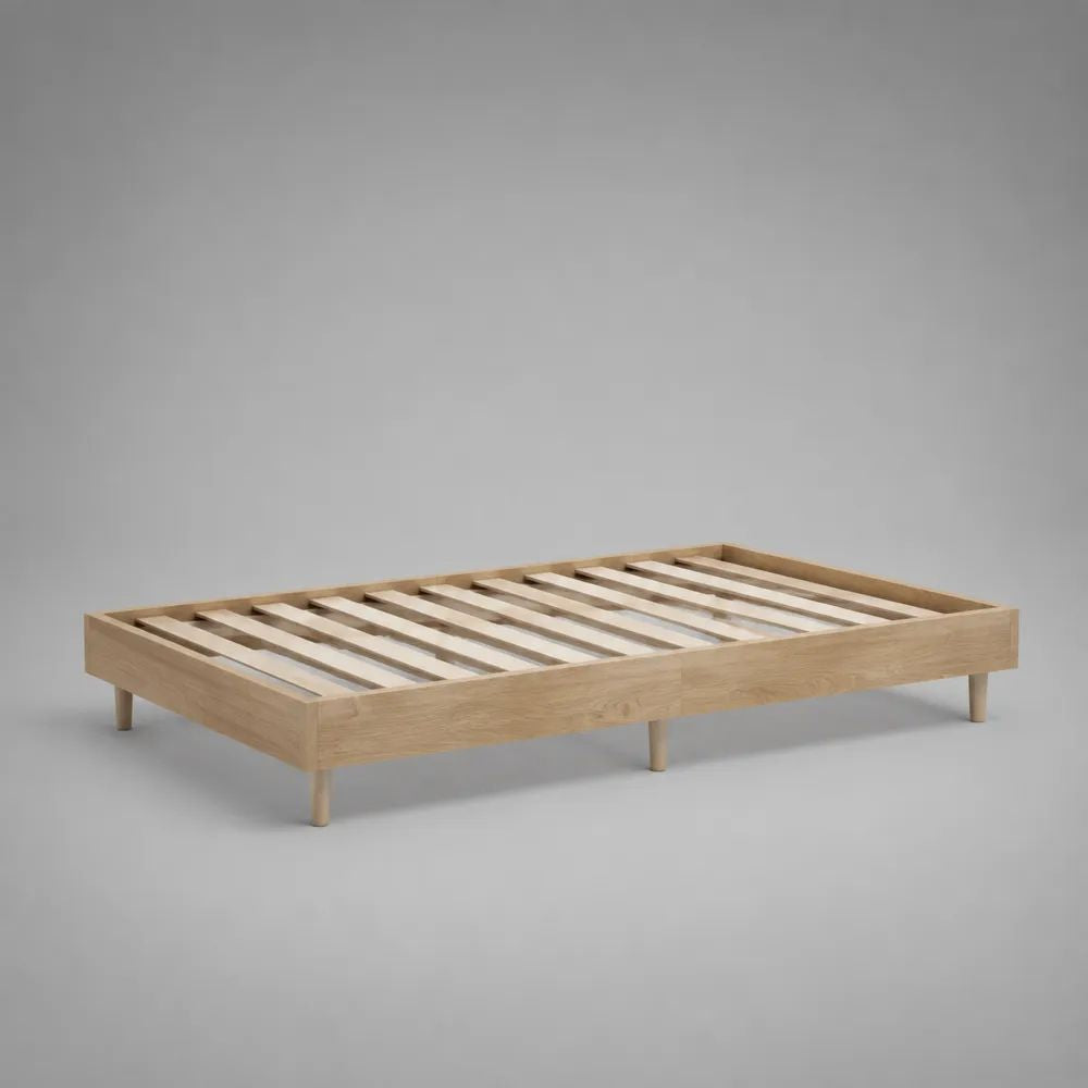 Cadre de lit double en bois avec sommier à lattes, chêne naturel, couchage 160 × 200 cm, dimensions 205 × 165 × 30 cm