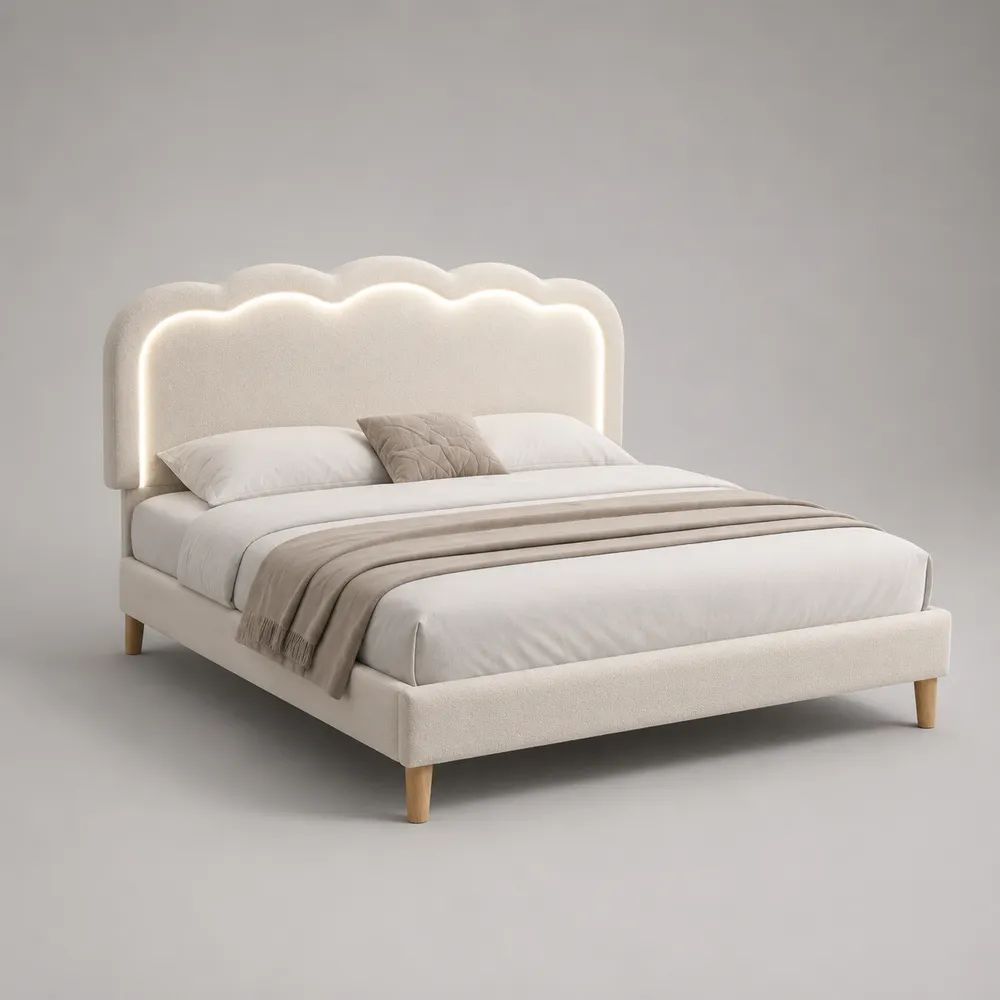 Lit double rembourré 160 x 200 cm en tissu bouclé avec tête de lit festonnée et éclairage LED, blanc cassé et bois naturel