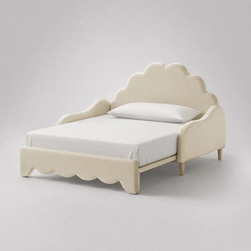 Lit banquette enfant rembourré en polyester forme nuage beige crème, couchage 90 x 190 cm, dimensions 202 x 101 x 110 cm