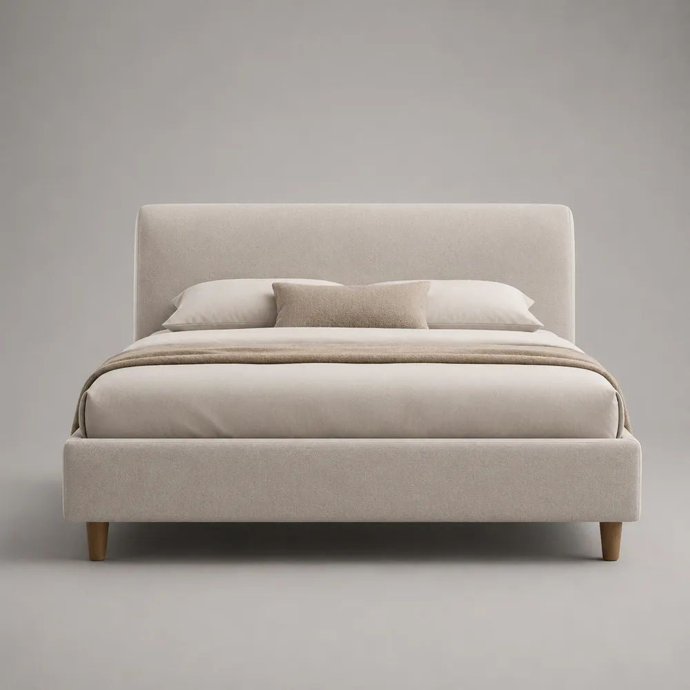 Cadre de lit double rembourré beige 160 × 200 cm en tissu et bois avec tête de lit et sommier à lattes