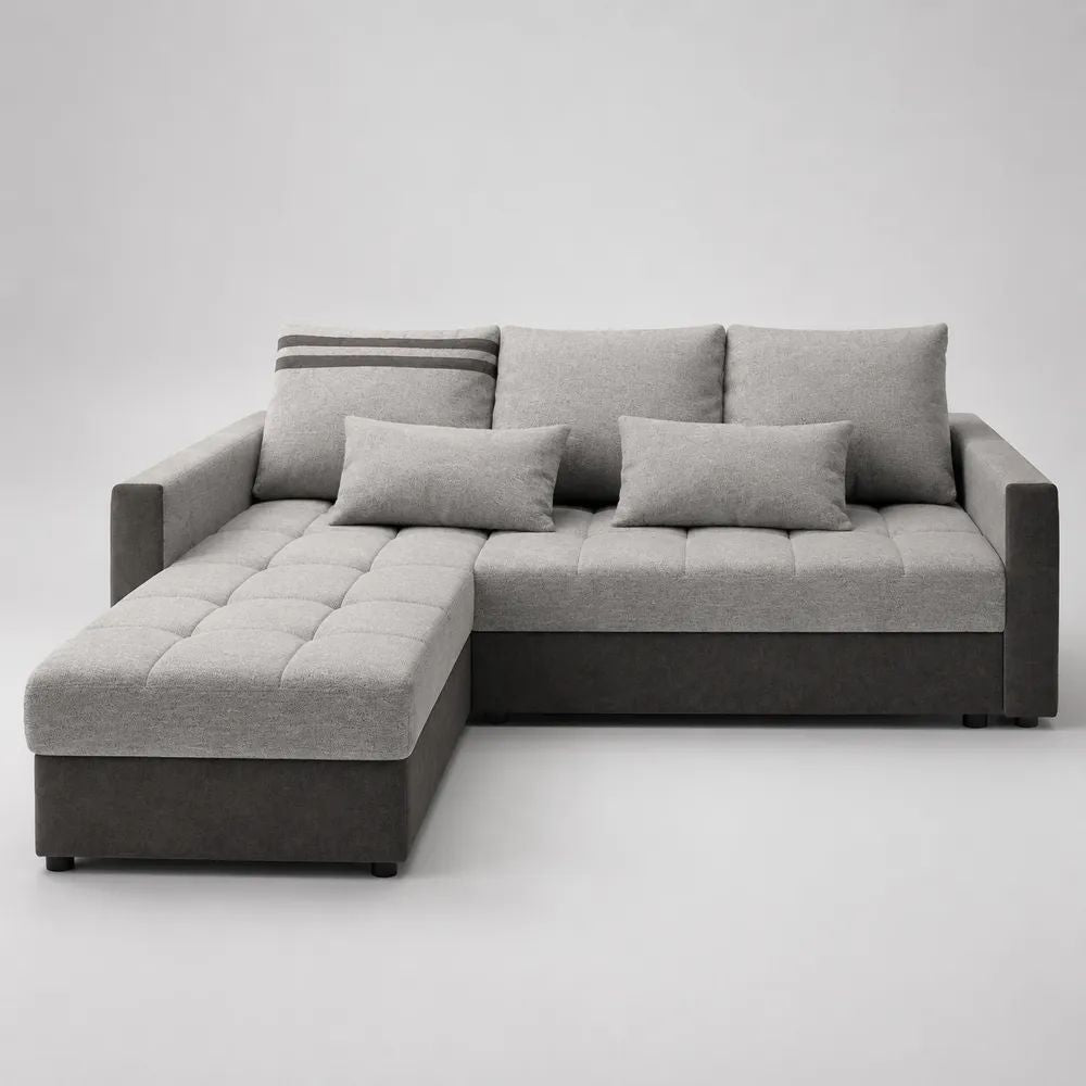 Canapé d’angle gauche 4 places en tissu gris clair et anthracite, 230 × 150 × 85 cm