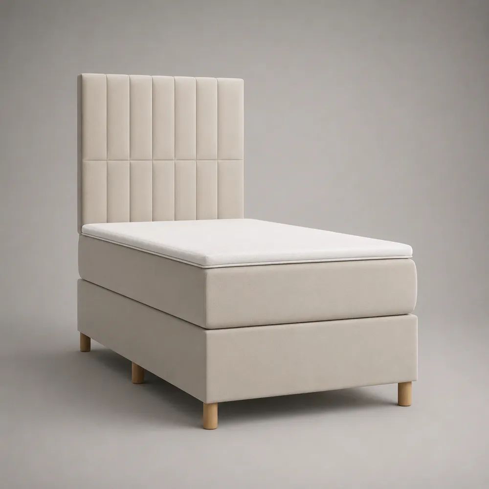 Lit simple complet 90 × 200 cm en polyester et pin massif beige avec tête de lit, matelas et surmatelas
