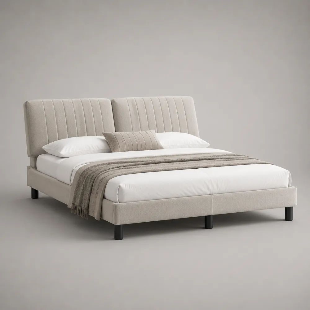 Lit double 160 x 200 cm en bois et tissu beige avec tête de lit rembourrée à deux panneaux, 218 x 176 x 112 cm