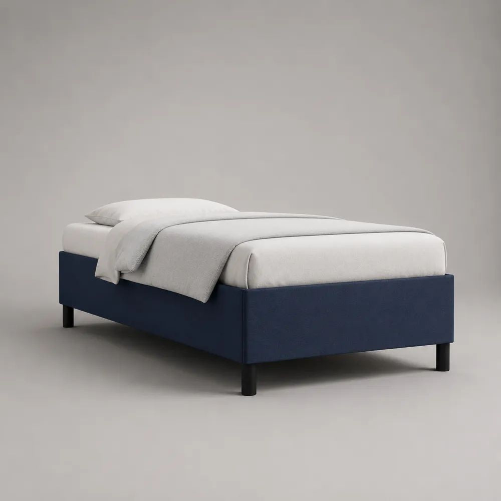Cadre de lit simple rembourré en tissu bleu marine et noir avec sommier à lattes, couchage 90 × 190 cm, dimensions 196 × 96 × 38 cm