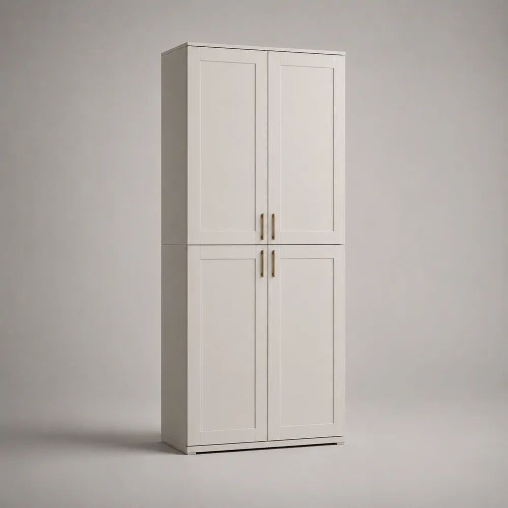 Meuble à chaussures haut rectangulaire à 4 portes en MDF peint blanc avec poignées en acier coloris laiton, 80 × 35 × 180 cm