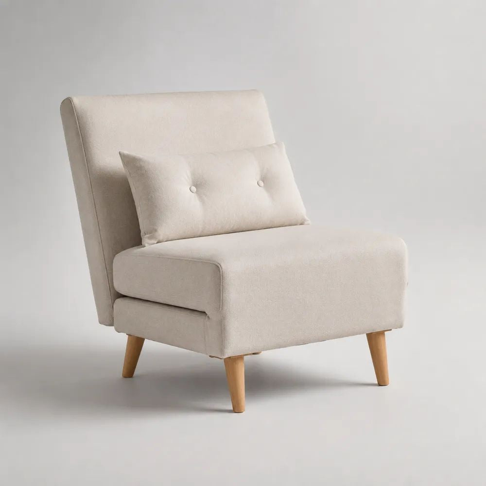 Fauteuil de salon sans accoudoirs en tissu écru avec coussin lombaire et pieds en bois, 70 × 78 × 86 cm