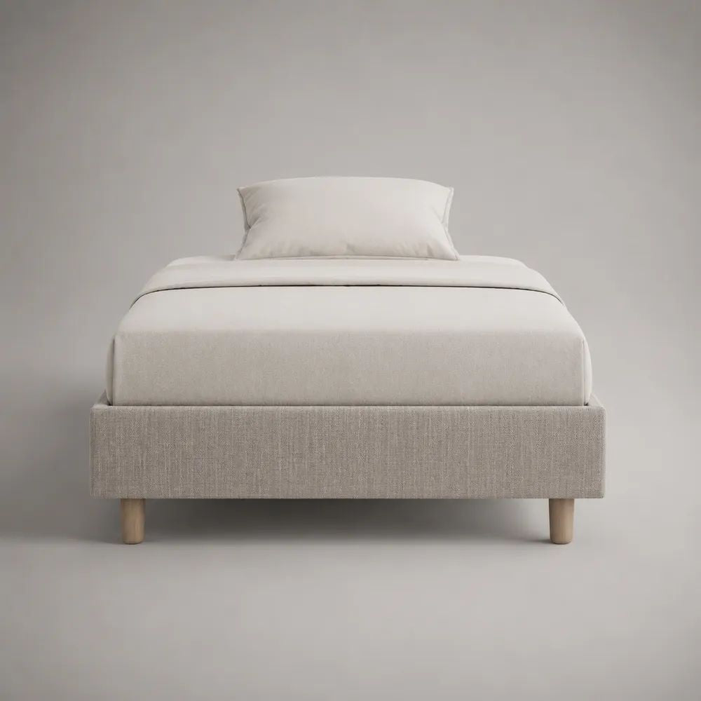 Lit coffre 1 place avec sommier relevable, tissu beige et pieds en bois, couchage 90 × 190 cm, dimensions 200 × 99 × 36 cm