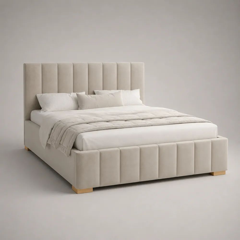 Lit coffre double rembourré en velours polyester beige 160 x 200 cm, dimensions 218 x 176 x 120 cm, avec tête de lit