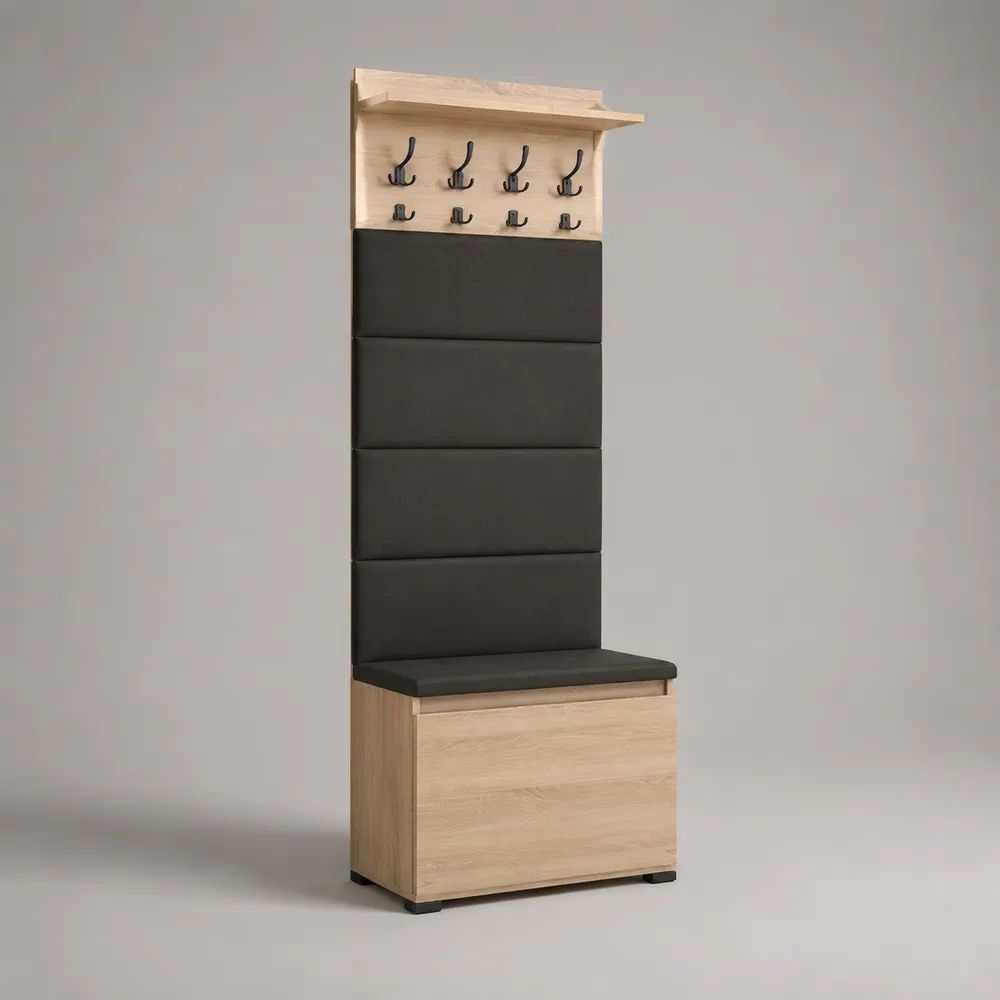 Meuble d’entrée avec banc coffre à chaussures et porte-manteau en bois, métal et PU, chêne clair et noir, 60 × 35 × 180 cm