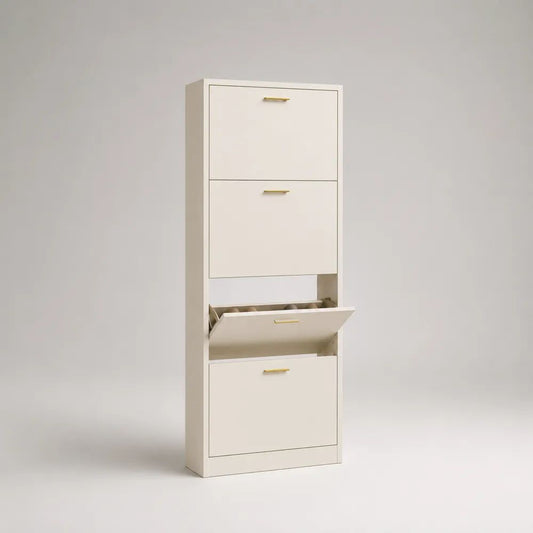Meuble à chaussures rectangulaire à 4 abattants en panneaux de particules mélaminés, blanc cassé et doré, 60 × 24 × 160 cm