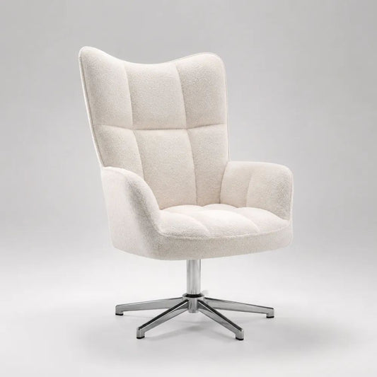 Fauteuil pivotant à dossier haut en tissu bouclé et métal, blanc cassé et argenté, 78 × 80 × 102 cm