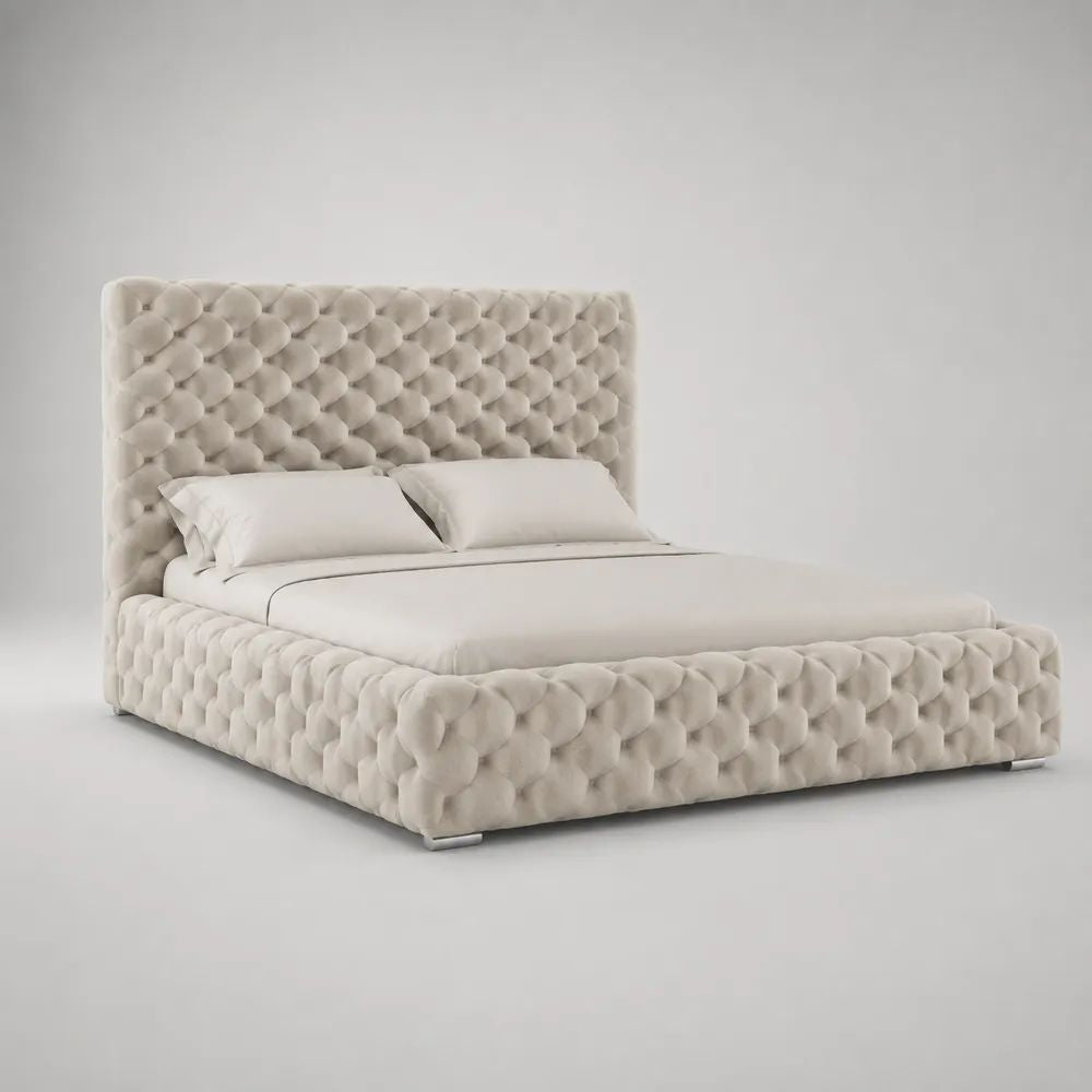 Lit coffre double 160 x 200 cm en tissu beige capitonné avec sommier relevable et tête de lit