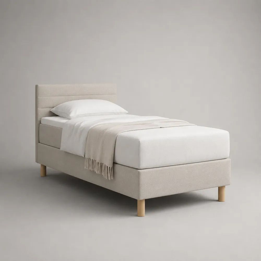 Lit simple rembourré beige clair 90 × 200 cm, dimensions 211 × 99 × 105 cm, avec tête de lit et sommier à lattes