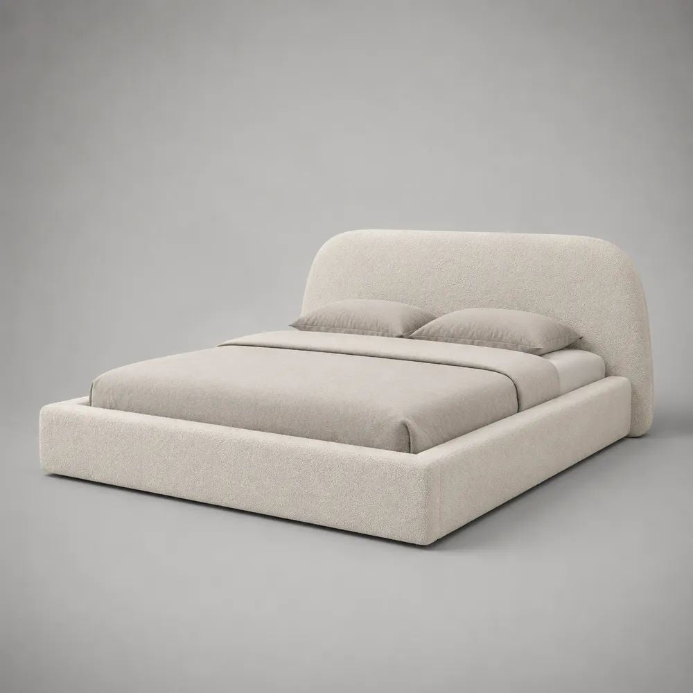 Lit coffre double 160 x 200 cm en tissu bouclé beige avec sommier relevable et tête de lit arrondie, dimensions totales 190 x 225 x 105 cm