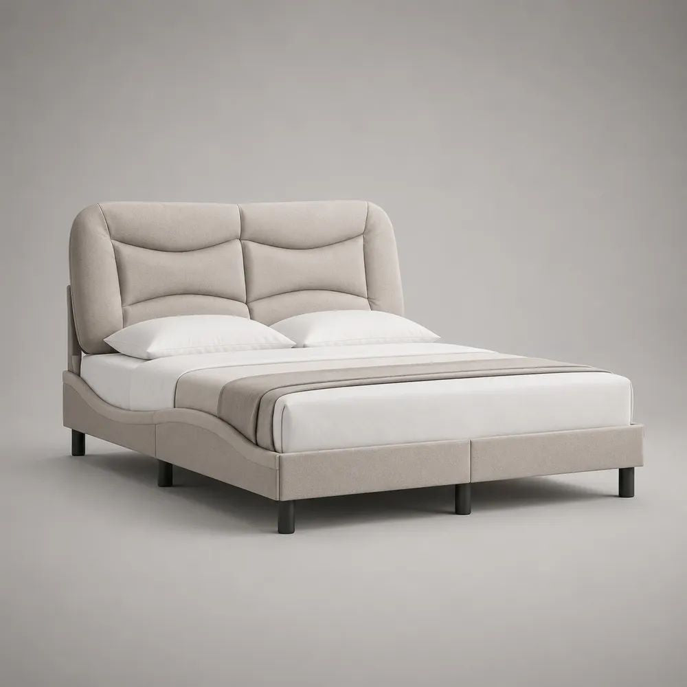 Lit double rembourré en tissu polyester beige et métal noir avec tête de lit matelassée, couchage 160 × 200 cm, dimensions 219 × 176 × 115 cm