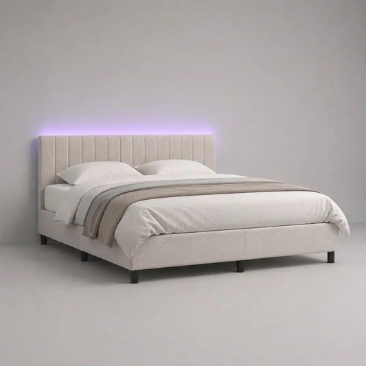 Lit double rembourré beige en polyester avec tête de lit et éclairage LED violet, sommier à lattes, 170 x 215 x 110 cm, couchage 160 x 200 cm