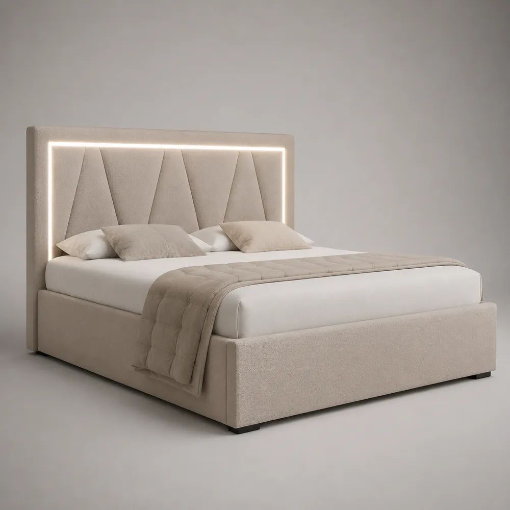Lit coffre 160 x 200 cm beige, dimensions 176 x 217 x 122 cm, tête de lit LED, revêtement en tissu bouclé et sommier relevable