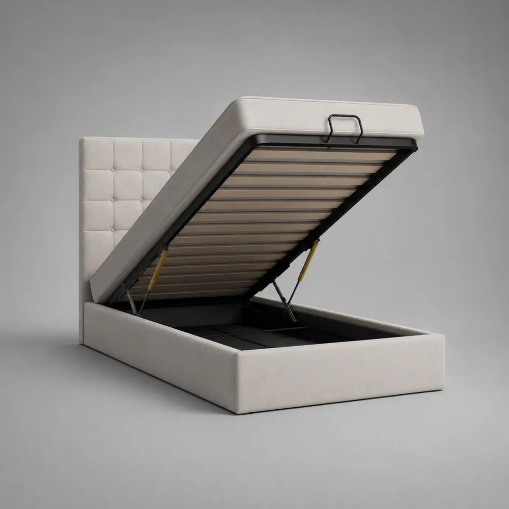 Lit coffre 2 places 140 x 190 cm en tissu et acier, sommier relevable, beige et noir