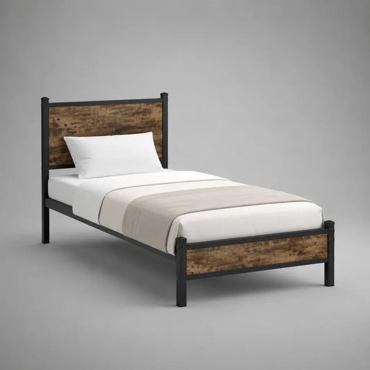 Lit simple 90 × 190 cm avec sommier, cadre en acier noir et panneaux en bois marron