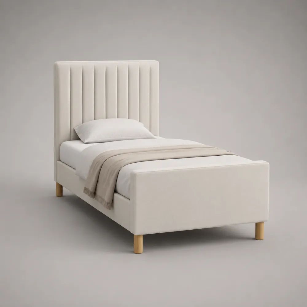 Lit simple rembourré en tissu beige clair 90 × 190 cm avec tête de lit cannelée et pieds en bois