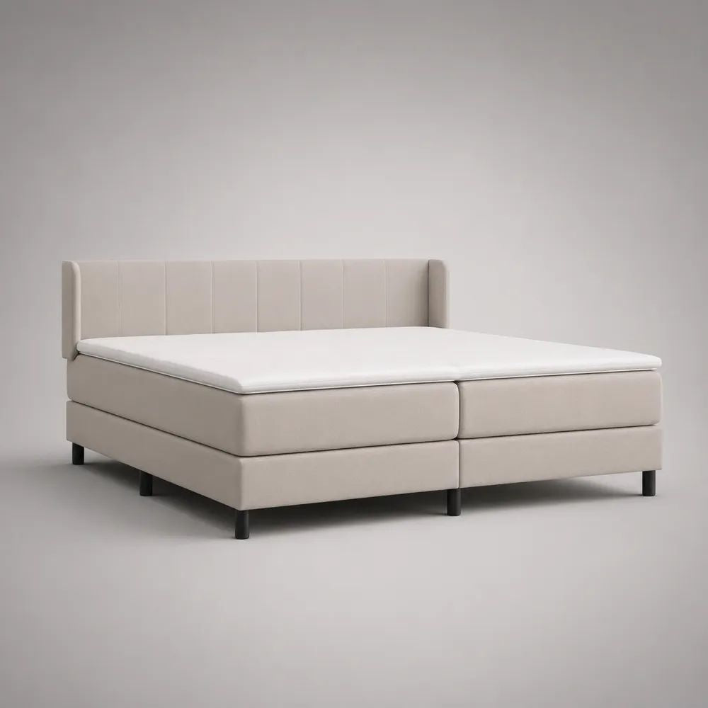 Ensemble lit double à sommiers tapissiers en tissu polyester beige clair et métal noir, 190 x 210 x 110 cm, couchage 180 x 200 cm, avec tête de lit, 2 matelas et surmatelas