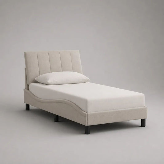 Lit simple rembourré 90 x 190 cm en tissu beige avec tête de lit rectangulaire et pieds noirs
