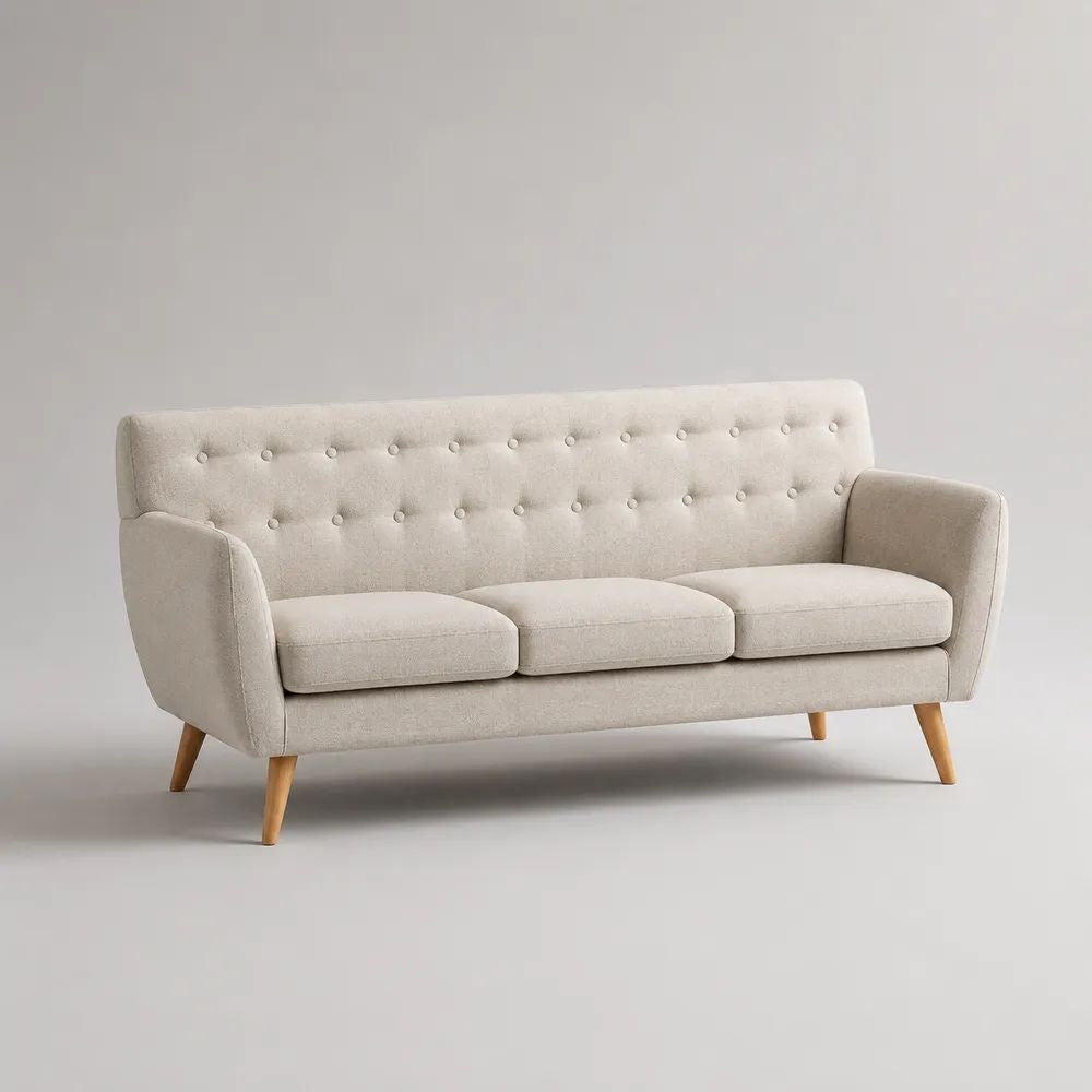 Canapé droit 3 places en polyester beige avec dossier capitonné et pieds en hévéa massif, 190 x 82 x 84 cm