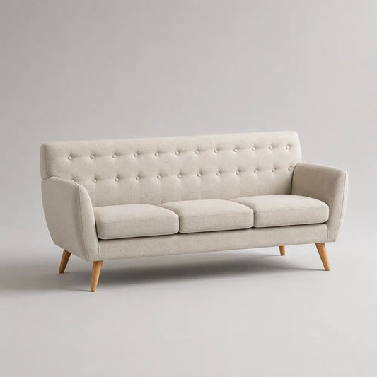 Canapé droit 3 places en polyester beige avec dossier capitonné et pieds en hévéa massif, 190 x 82 x 84 cm