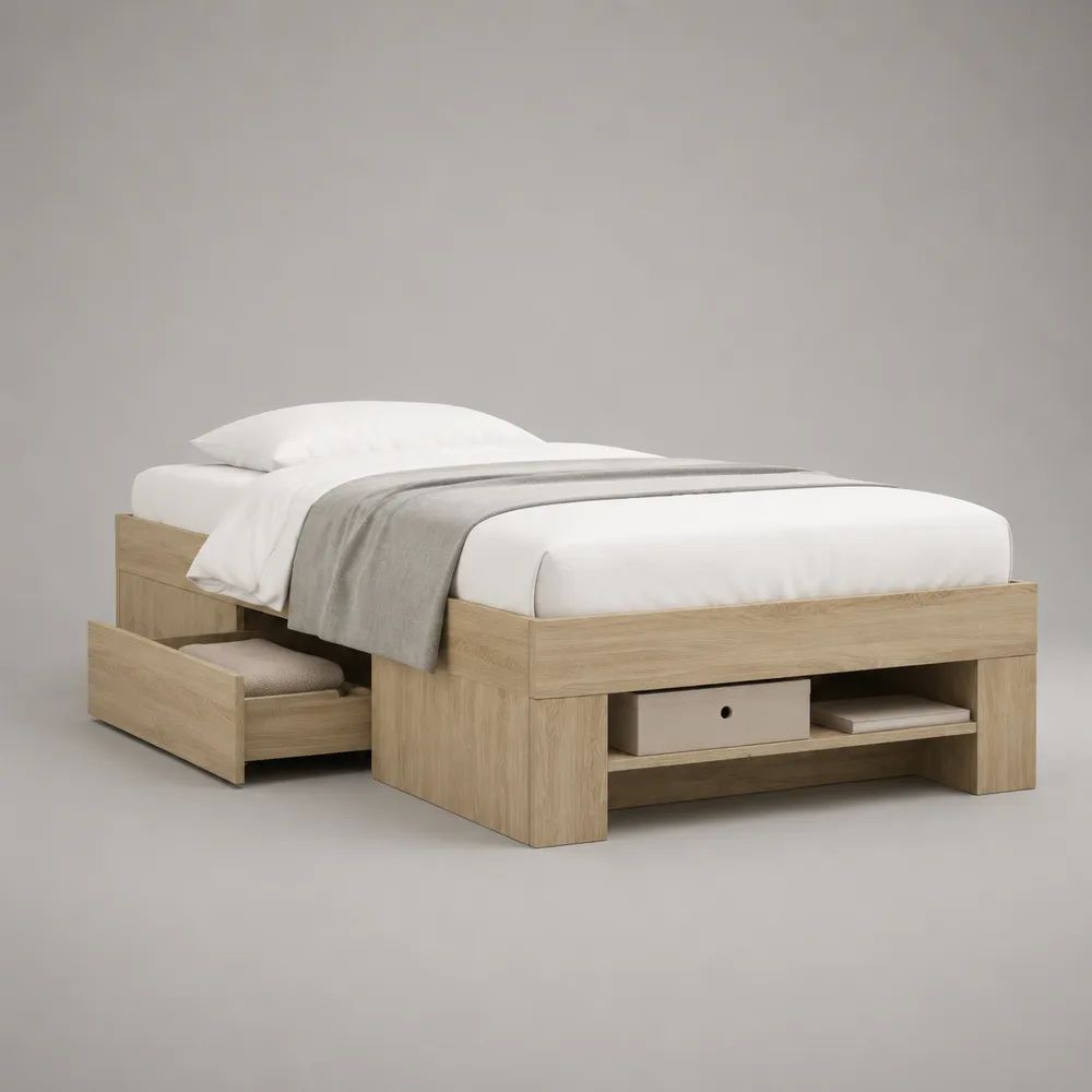 Lit double avec rangement 160 × 200 cm en panneaux de particules effet chêne clair, 206 × 166 × 60 cm
