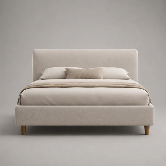 Cadre de lit double rembourré beige 160 × 200 cm en tissu et bois avec tête de lit et sommier à lattes
