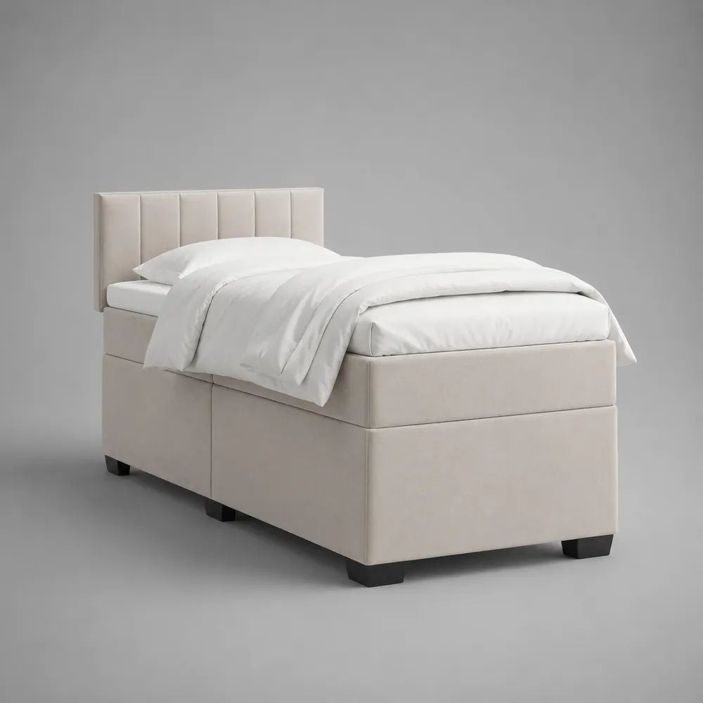 Lit simple rembourré en tissu beige avec tête de lit rectangulaire, couchage 90 × 190 cm