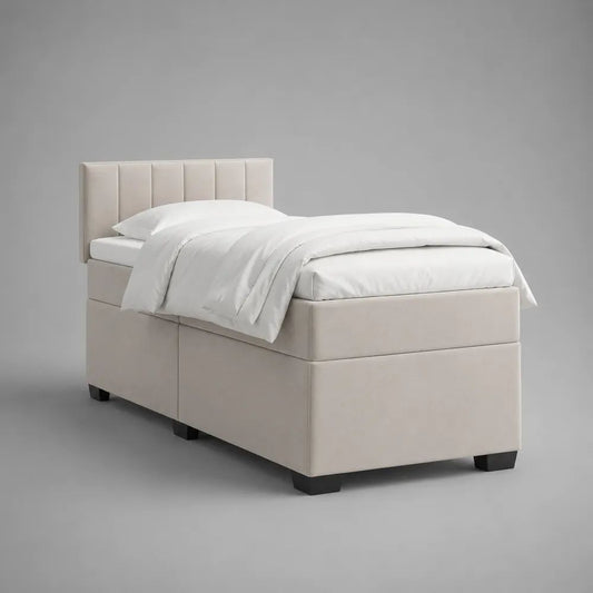 Lit simple rembourré en tissu beige avec tête de lit rectangulaire, couchage 90 × 190 cm