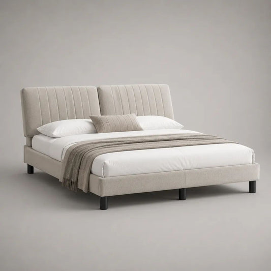 Lit double 160 x 200 cm en bois et tissu beige avec tête de lit rembourrée à deux panneaux, 218 x 176 x 112 cm