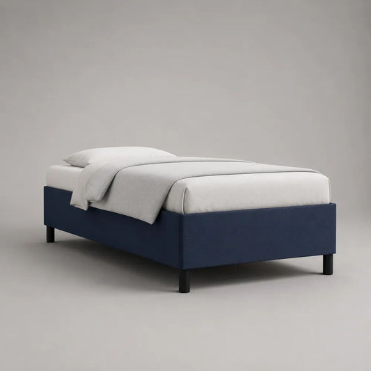 Cadre de lit simple rembourré en tissu bleu marine et noir avec sommier à lattes, couchage 90 × 190 cm, dimensions 196 × 96 × 38 cm