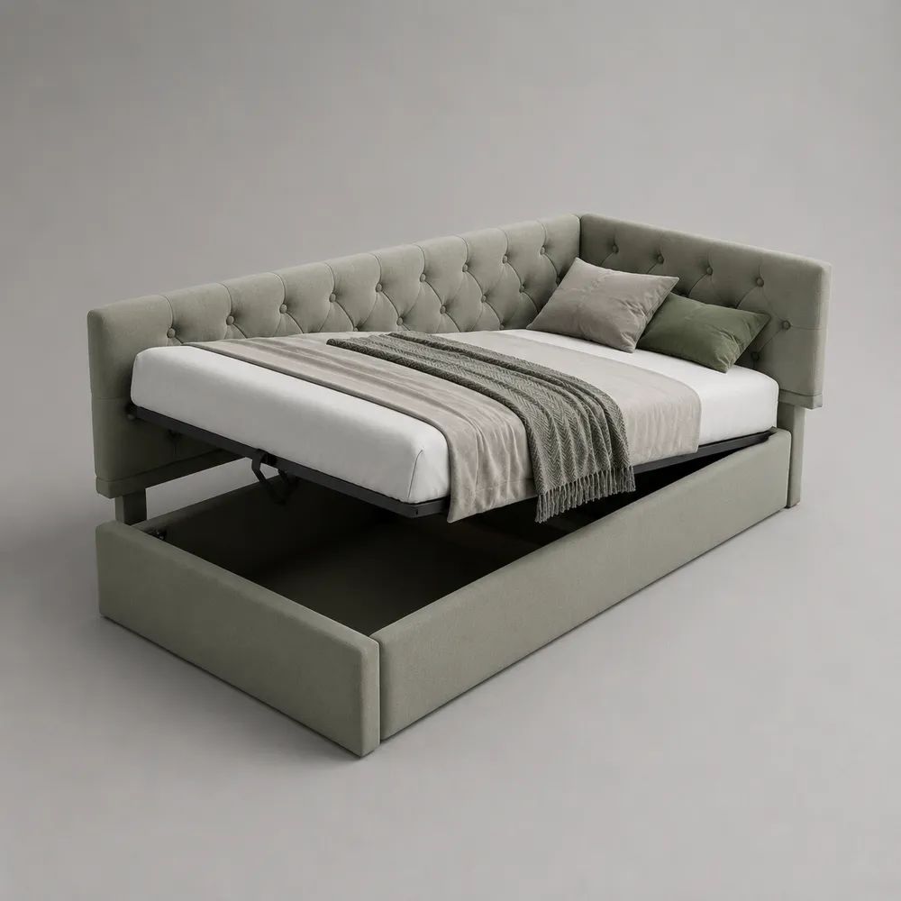 Lit coffre 2 places 160 x 200 cm en velours gris clair avec sommier relevable et tête de lit d’angle capitonnée, 225 x 180 x 105 cm