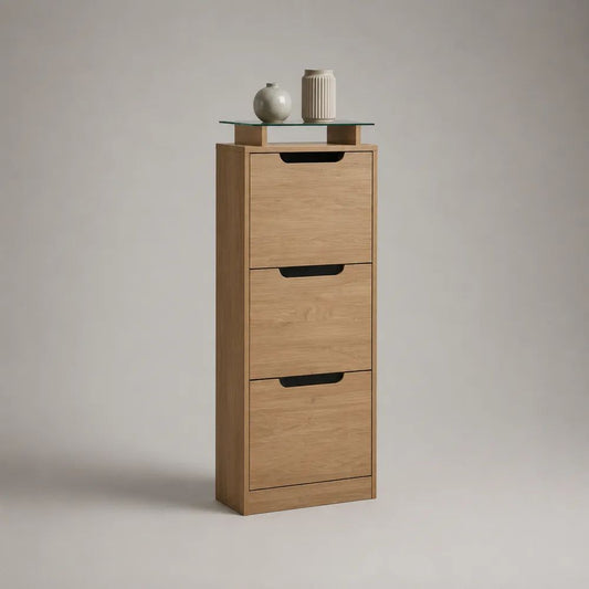 Meuble à chaussures en bois à 3 abattants avec tablette en verre, chêne naturel, 60 × 24 × 150 cm