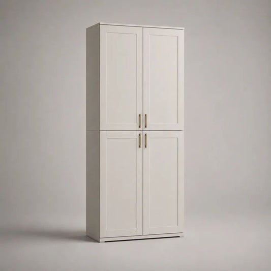 Meuble à chaussures haut rectangulaire à 4 portes en MDF peint blanc avec poignées en acier coloris laiton, 80 × 35 × 180 cm