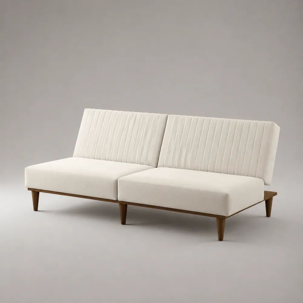 Canapé droit 2 places sans accoudoirs en velours ivoire et bois brun, 180 × 82 × 78 cm