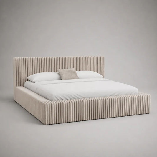 Lit coffre double en velours polyester beige avec tête de lit à canaux verticaux, couchage 180 × 200 cm, dimensions 205 × 225 × 115 cm