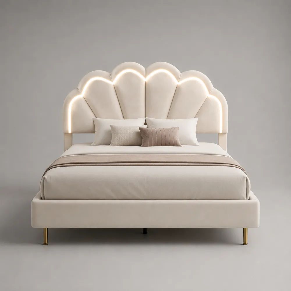 Lit coffre double 160 x 200 cm ivoire avec tête de lit coquillage à DEL, revêtement en velours et pieds en acier doré