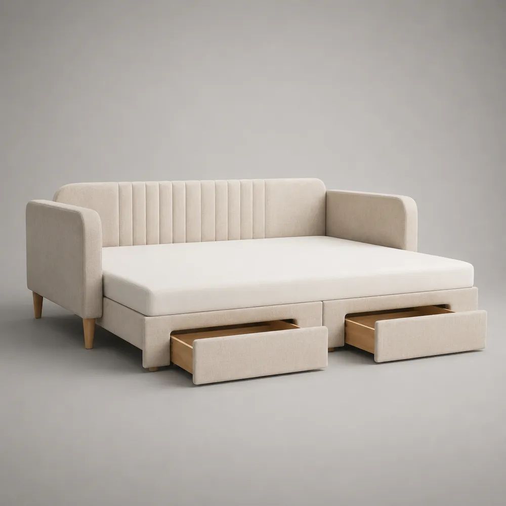 Canapé-lit 2 places beige en tissu avec 2 tiroirs, couchage 140 x 190 cm, dimensions 215 x 95 x 85 cm