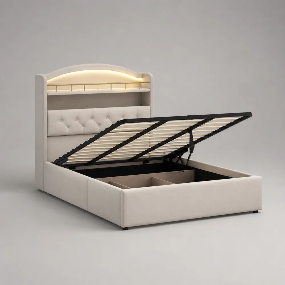 Lit coffre rectangulaire rembourré blanc cassé et noir 160 x 200 cm avec sommier à lattes, tête de lit capitonnée et éclairage LED