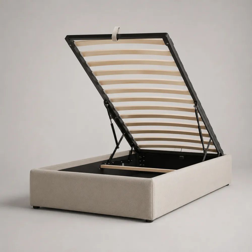 Lit coffre 2 places relevable en polyester beige avec sommier à lattes, couchage 140 x 190 cm, dimensions 207 x 153 x 34 cm