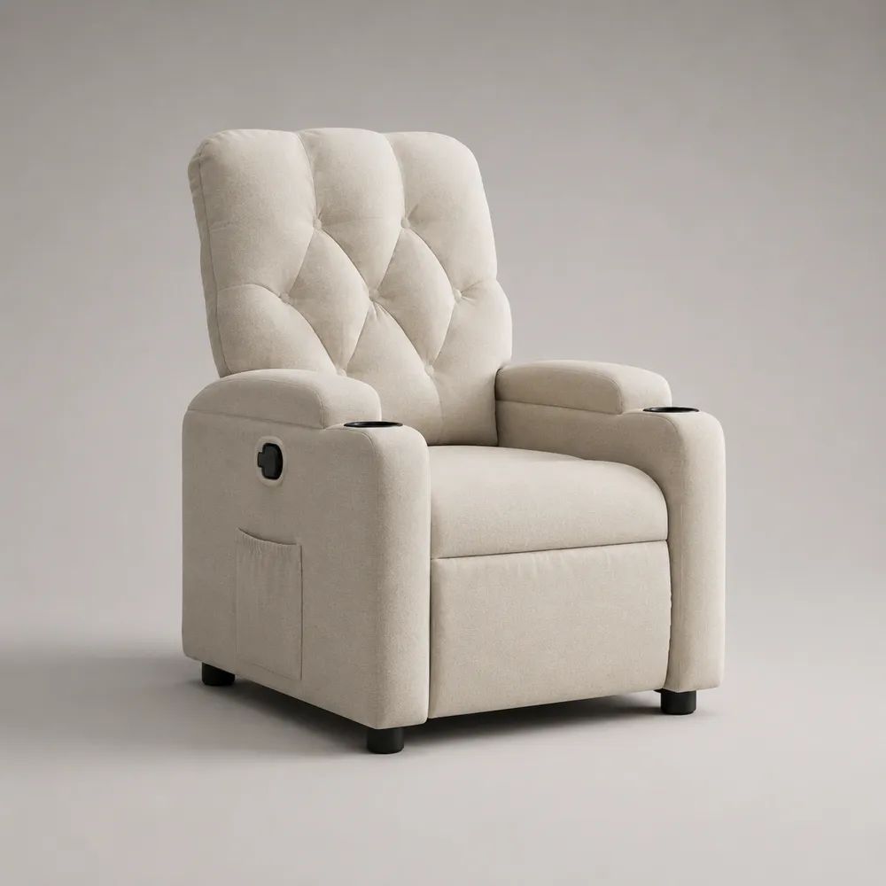 Fauteuil relax manuel en tissu beige clair avec repose-pieds, 2 porte-gobelets et poche latérale, 89 × 92 × 105 cm