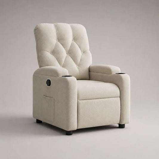 Fauteuil relax manuel en tissu beige clair avec repose-pieds, 2 porte-gobelets et poche latérale, 89 × 92 × 105 cm