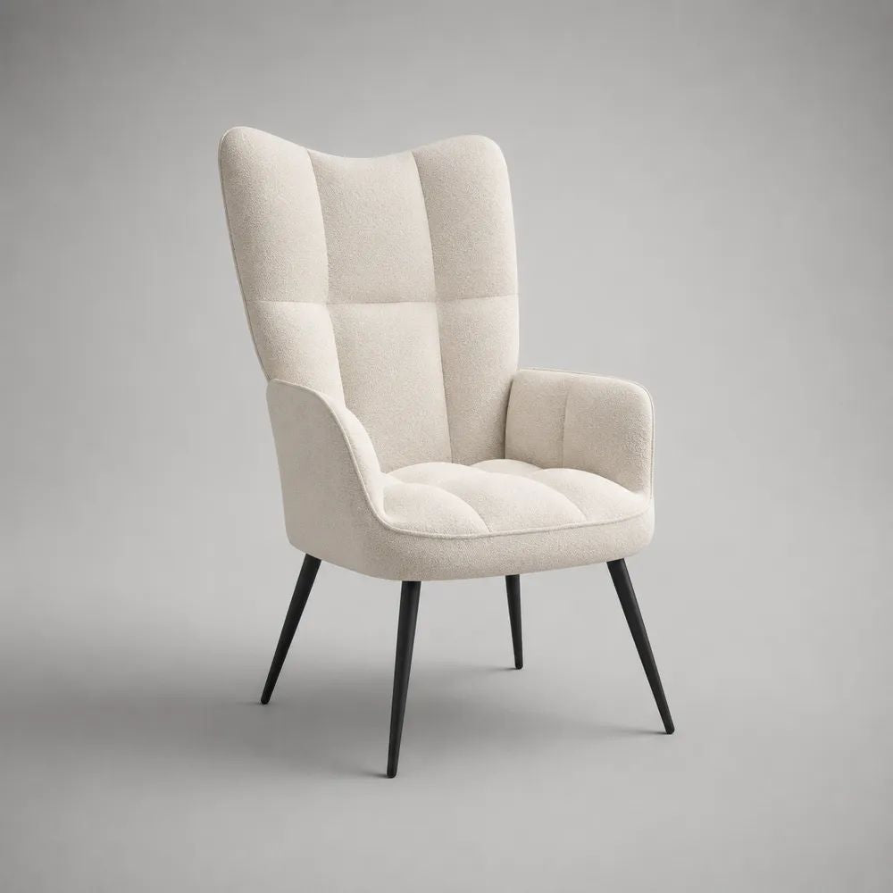 Fauteuil de salon à dossier haut en bouclé polyester blanc cassé avec pieds en acier noir, 75 × 78 × 105 cm