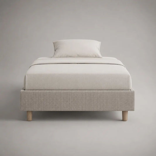 Lit coffre 1 place avec sommier relevable, tissu beige et pieds en bois, couchage 90 × 190 cm, dimensions 200 × 99 × 36 cm